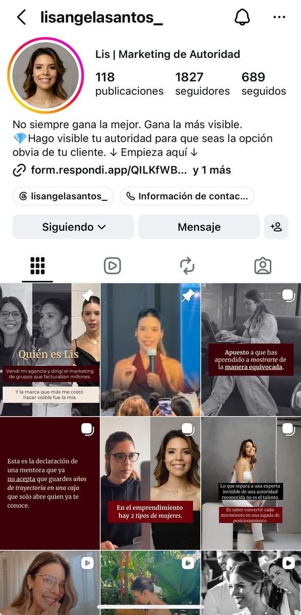 Perfil de Instagram transformado tras el desafío, con los siete contenidos publicados y la bio de autoridad